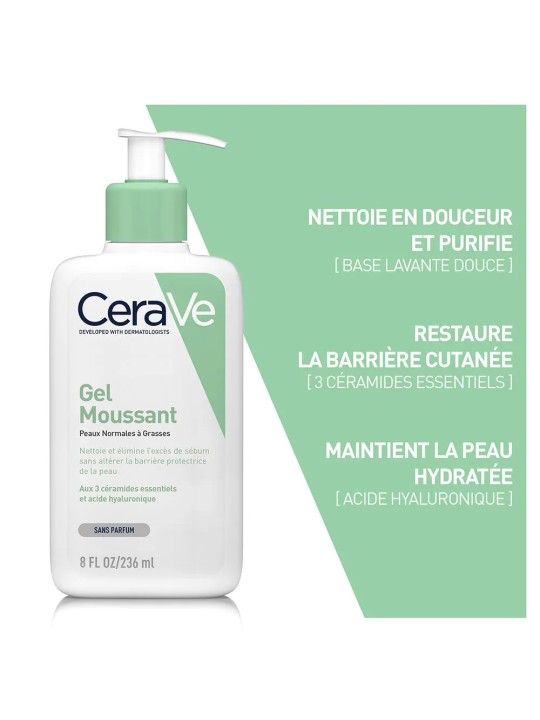 Cerave Cleanse Visage Gel Moussant Visage Et Cou Peaux Normales A Grasses 236ml