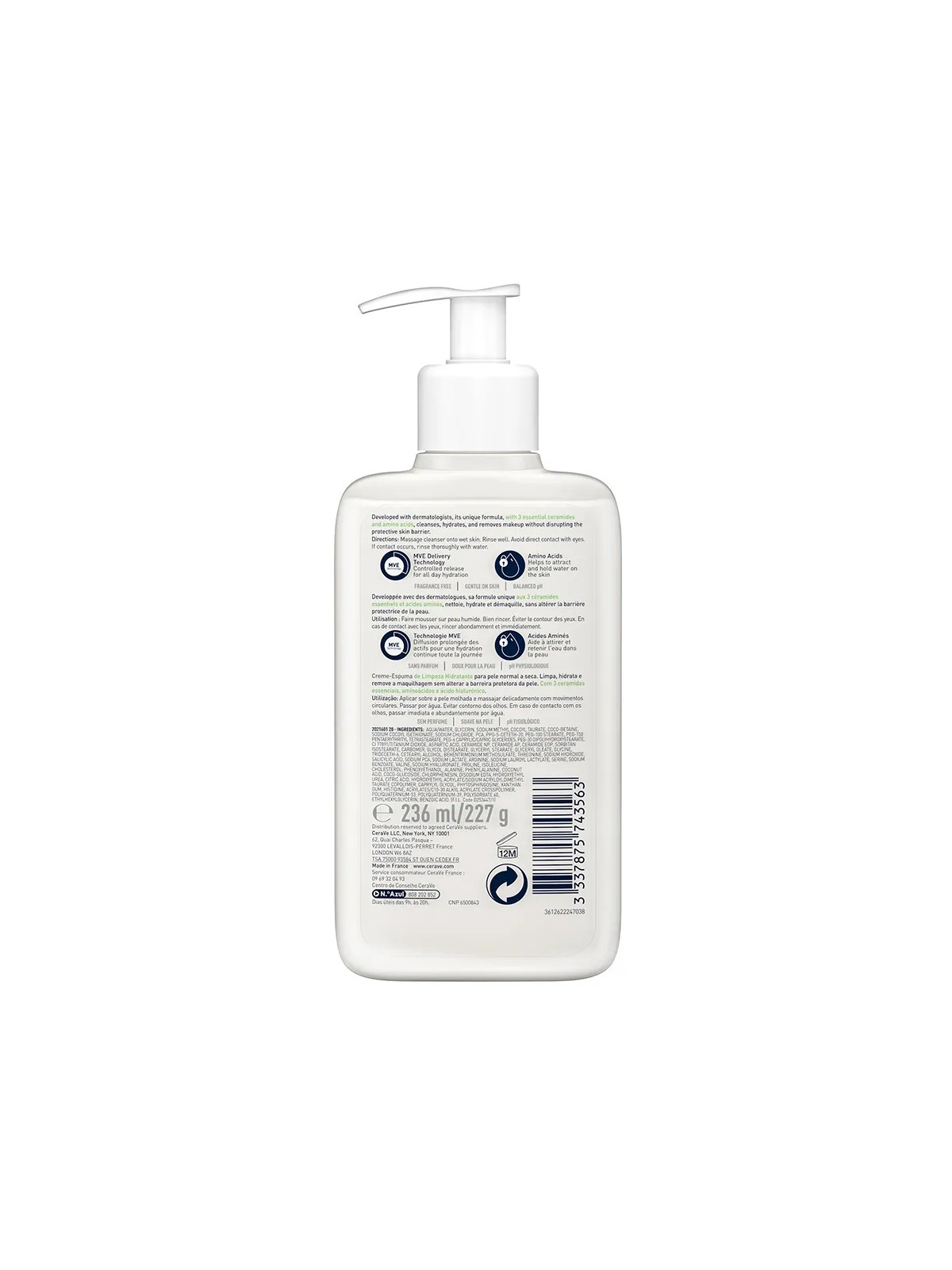 Cerave Cleanse Visage Creme Moussante Nettoyante Hydratante Peaux Normales à Sèches 236ml