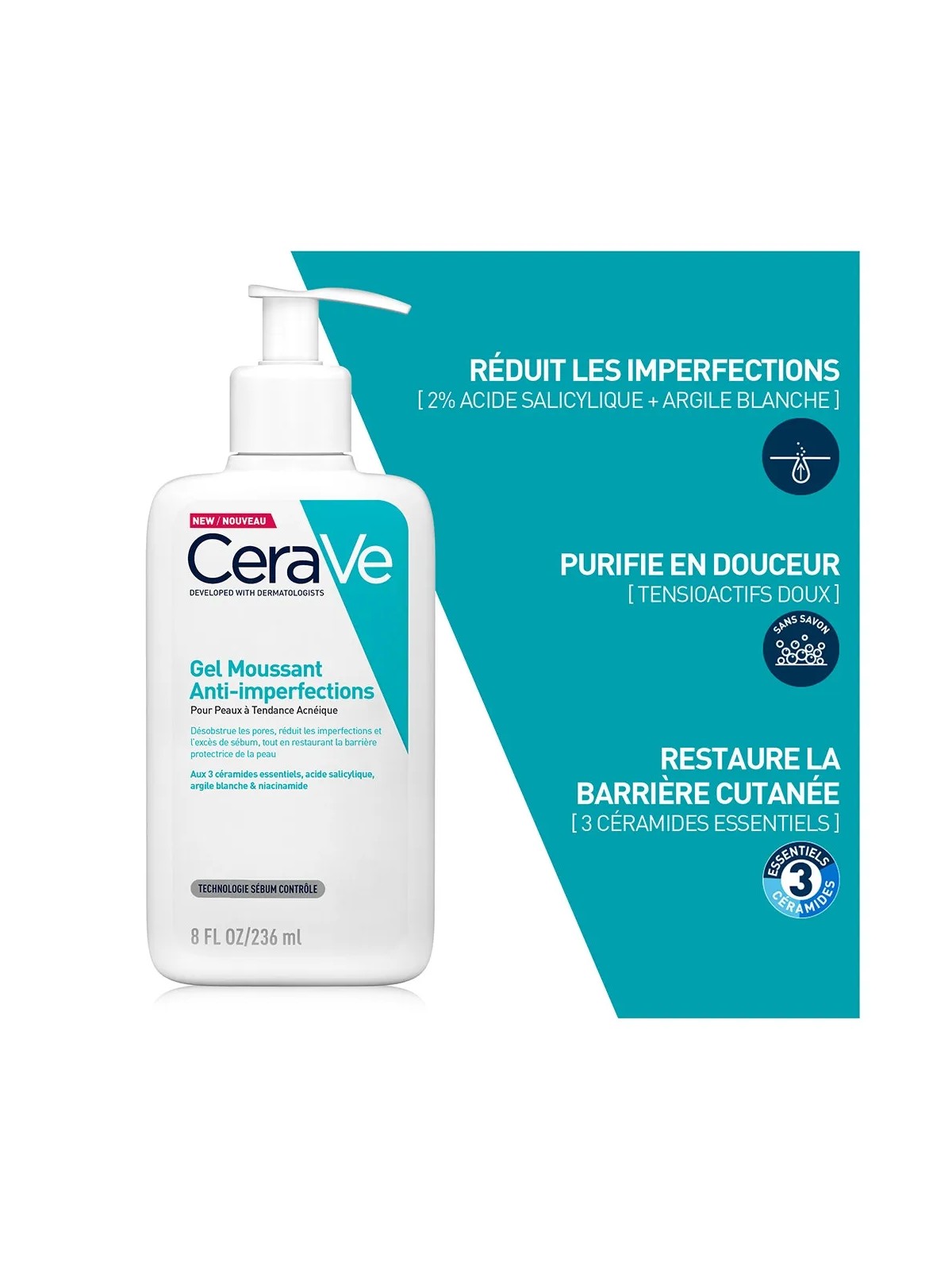 Cerave Face Gel Moussant Anti-imperfections Peaux à imperfections et à tendance acnéique 236ml