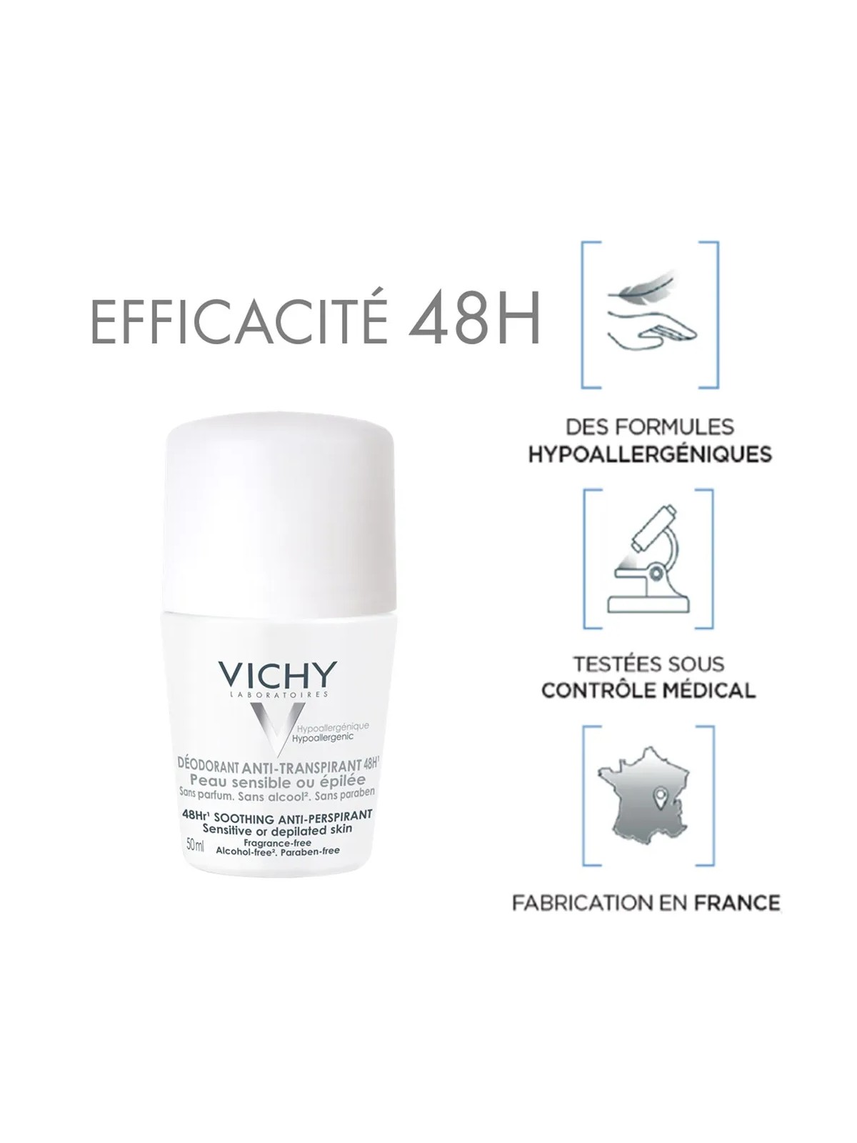 Vichy Déodorant Anti Transpirant Efficace 48h Peaux Sensibles 50ml