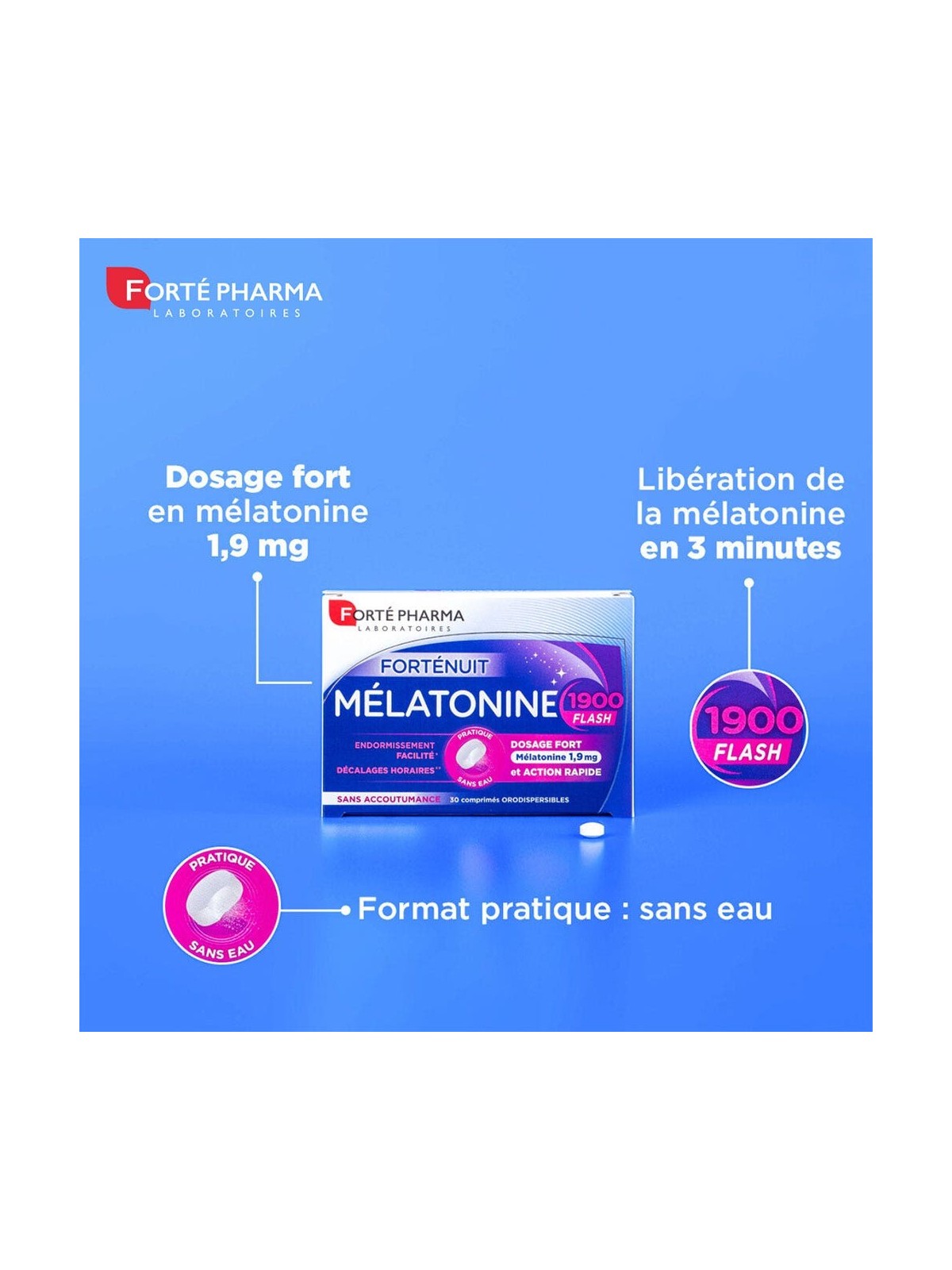 Forté Pharma Forté Nuit Mélatonine 1900 Flash Fort dosage sans accoutumance 30 comprimés orodispersibles