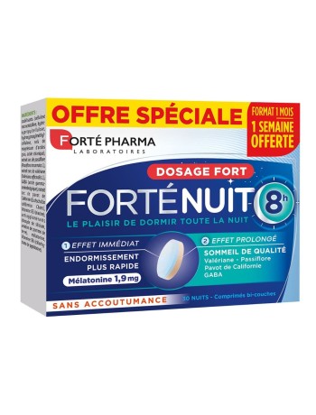 Forté Pharma Forté Nuit Sommeil 8H Mélatonine et Plantes Sommeil de Qualité 30 comprimés bi-couches