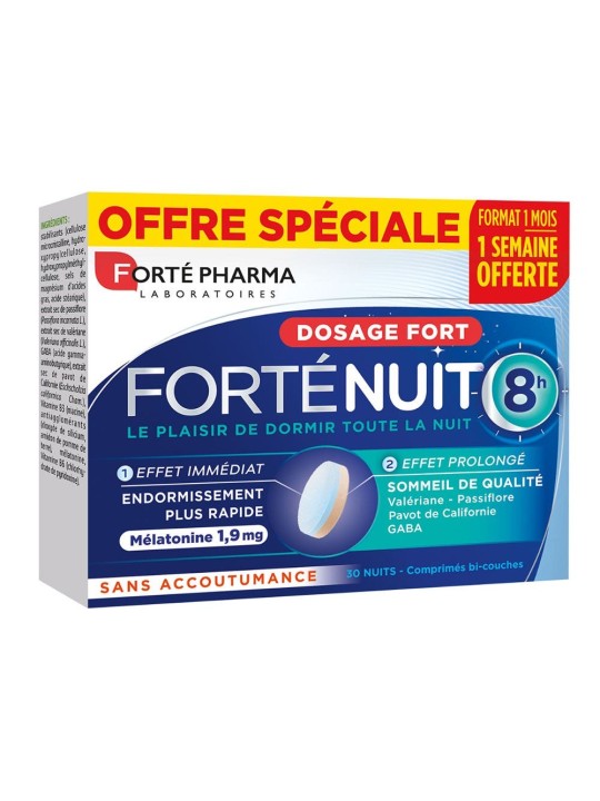 Forté Pharma Forté Nuit Sommeil 8H Mélatonine et Plantes Sommeil de Qualité 30 comprimés bi-couches