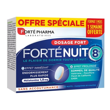 Forté Pharma Forté Nuit Sommeil 8H Mélatonine et Plantes Sommeil de Qualité 30 comprimés bi-couches