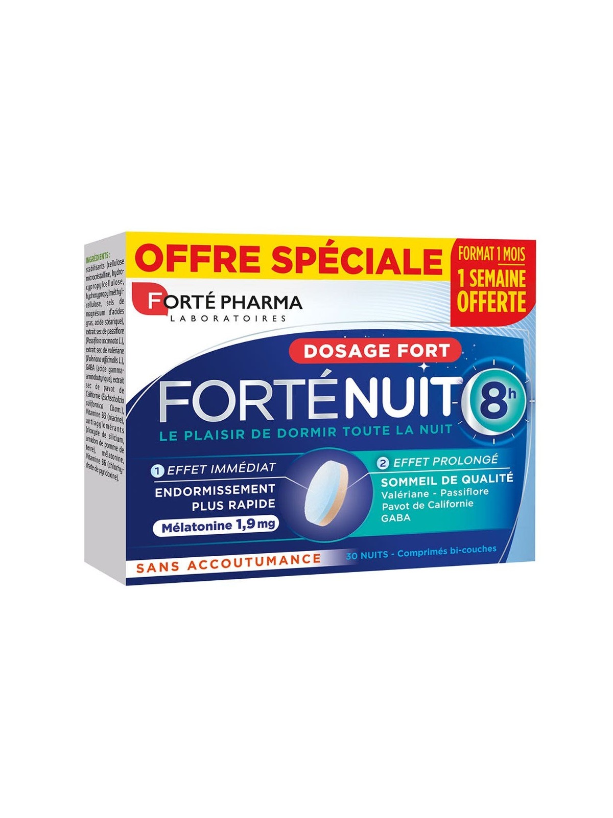 Forté Pharma Forté Nuit Sommeil 8H Mélatonine et Plantes Sommeil de Qualité 30 comprimés bi-couches