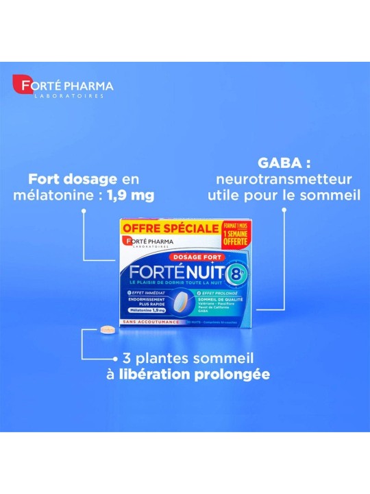 Forté Pharma Forté Nuit Sommeil 8H Mélatonine et Plantes Sommeil de Qualité 30 comprimés bi-couches