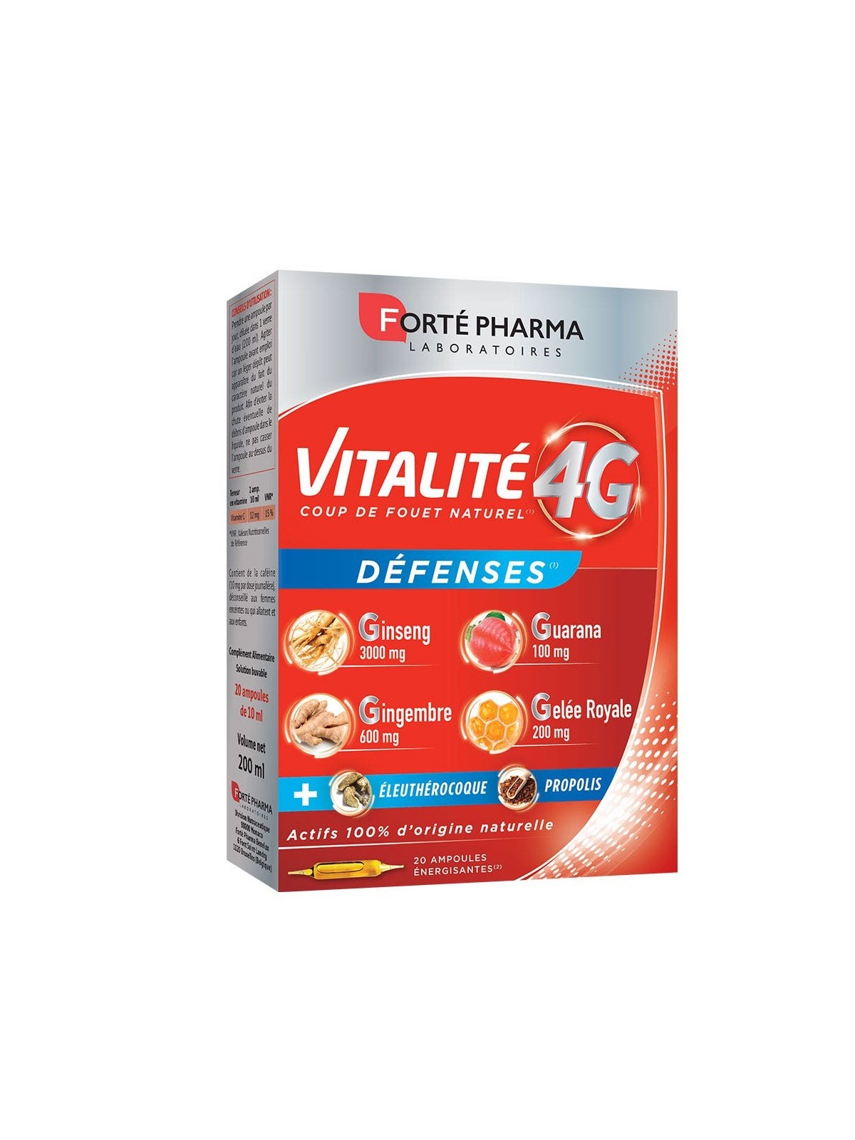 Forté Pharma Vitalité 4G Dynamisant Naturel et Défenses au Ginseng et Gelée Royale et Propolis 20 ampoules